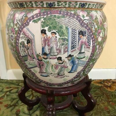 14 Inch Porcelain Japanese Chinese Fishbowl Planter with wooden stand, hand painted	These fantastic colors in this take on a classic...