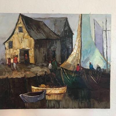 Harbor Scene possibly by Jean Amiot, Measures 24 x 20â€.