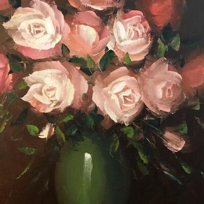 Oil painting of roses. 38 x 26â€. Artist signed Johnson. 	
