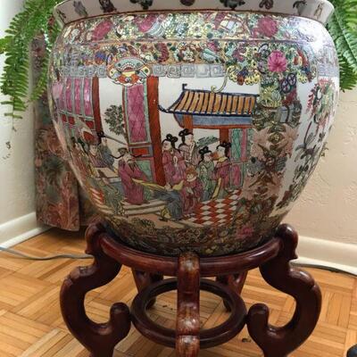 SOLD - - - Antique Chinese Porcelain Fish Bowl rose medallion porcelain vase or pot (17 x 17) stamped on bottom with short wooden stand...