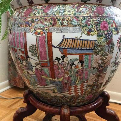 SOLD - - - Antique Chinese Porcelain Fish Bowl rose medallion porcelain vase or pot (17 x 17) stamped on bottom with short wooden stand...