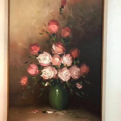 Oil painting of roses. 38 x 26â€. Artist signed Johnson. 	