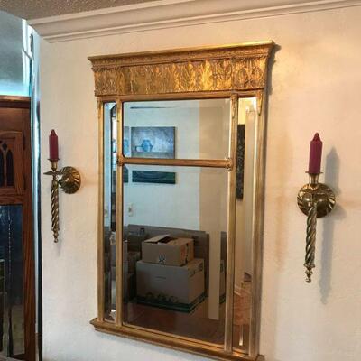 Gold plaster beveled glass mirror in the Trumeau or Deco style, measures approx. 32â€ high x 26â€ wide