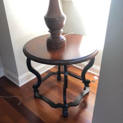 1 of 2 bedside tables from Woodbridge furniture, round acacia wood & steel legs