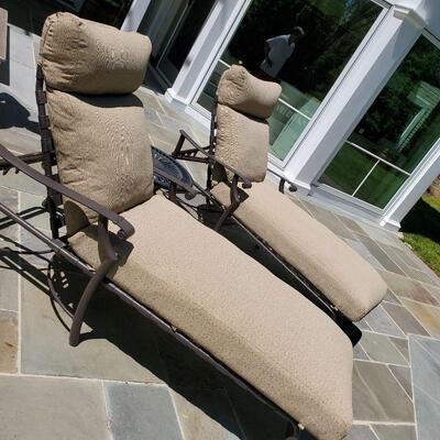 cast metal chaises, canvas