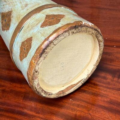 PAINTED WOODEN CYLINDRICAL BUCKET | Gilt and polychrome carved; h. 17-1/2 x dia. 6-1/2 in.