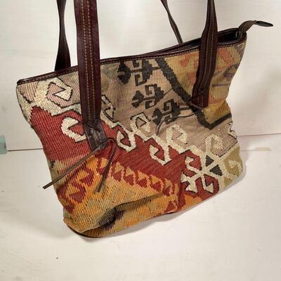 KILIM HANDBAG | With leather straps; h. 11 x 16 in.