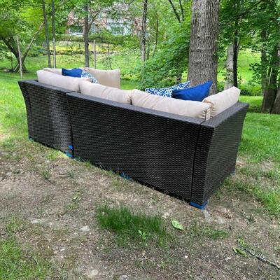 5-PIECE OUTDOOR SECTIONAL | Complete with tan cushions and throw pillows, very good condition but missing bolts, some assembly required;...