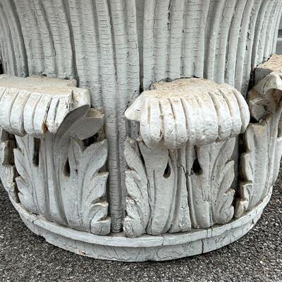 CORINTHEAN COLUMN CAPITAL | Fashioned as a low table with a whitewashed wood board top; h. 24 x 27 x 27 in.