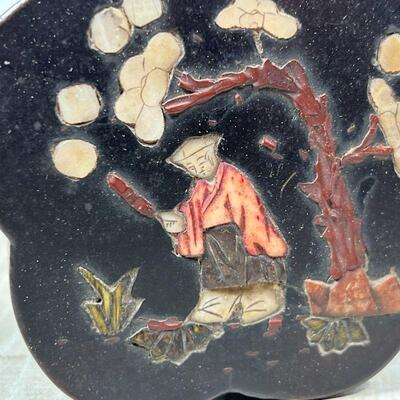 CHINESE APPLIQUE BOX  | Having lobed sides with inlay decoration showing a figure beneath a blossoming tree; h. 1-1/2 x 3-1/2 in.