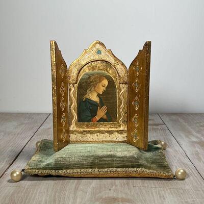 MINIATURE SHRINE | Shrine in three panels, showing a portrait of a young woman in prayer, gilt and paint decorated with a green velvet...