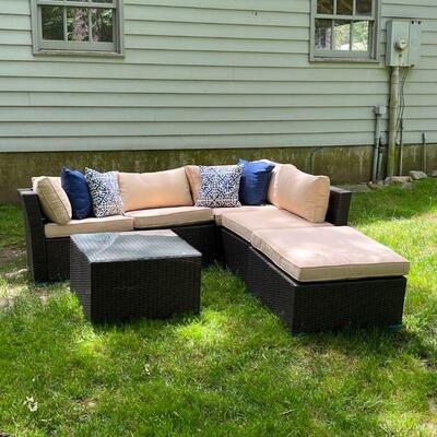 5-PIECE OUTDOOR SECTIONAL | Complete with tan cushions and throw pillows, very good condition but missing bolts, some assembly required;...