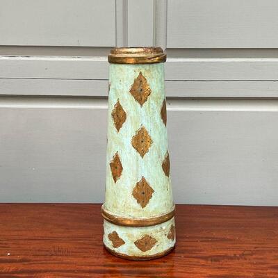 PAINTED WOODEN CYLINDRICAL BUCKET | Gilt and polychrome carved; h. 17-1/2 x dia. 6-1/2 in.