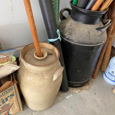 antique butter churn, milk can