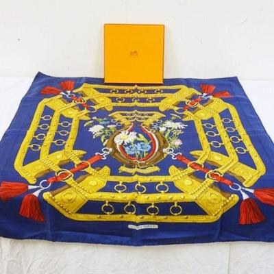 1064	HERMES PARIS SILK SCARF *AUX CHAMPS* FOR BON WIT TELLER W/BOX, 35 IN SQUARE
