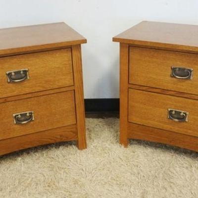 1021	PAIR OF MISSION OAK ARTS & CRAFTS STYLE NIGHTSTANDS, 2 DRAWER, BASSET LEGEND
