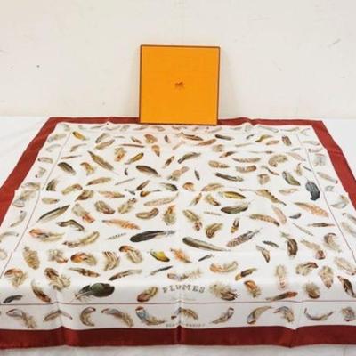 1063	HERMES PARIS SILK SCARF *PLUMES* W/BOX, 35 IN SQUARE
