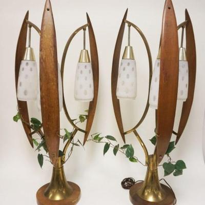 1035	PAIR OF MIDCENTURY MODERN TABLE LAMPS W/BRASS TRUMPET BASES, WALNUT BENTWOOD ACCENTS & POK A DOT SATIN GLASS SHADES,...