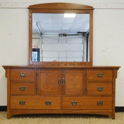 1019	MISSION OAK ARTS & CRAFS STYLE DRESSER, 8 DRAWERS W/2 CONCEALED DRAWERS & MIRROR TOP, INLAID BUTTERFLY DESIGN, BASSET...