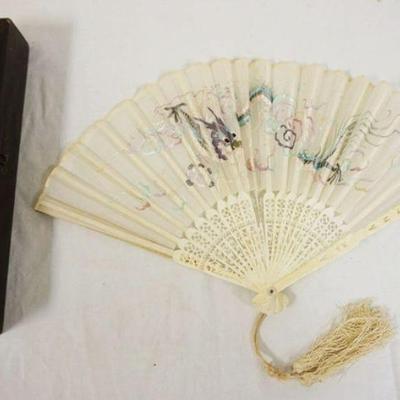 1073	ANTIQUE CHINESE FAN IN ORIGINAL BOX, SILK EMBROIDERED, FAN FRAME HAS LOSSES

