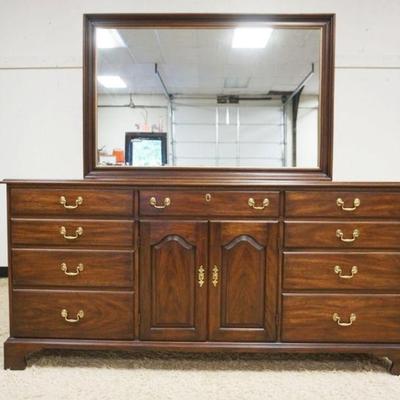 1007	HENKEL HARRIS VIRGINIA GALLERIES MAHOGANY LOW CHEST W/MIRROR TOP, APPROXIMATELY 72 IN X 21 IN X 68 IN
