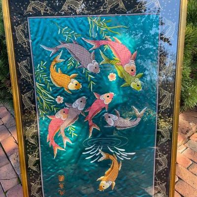 Japanese Cloth Silk Embroidery Koi framed