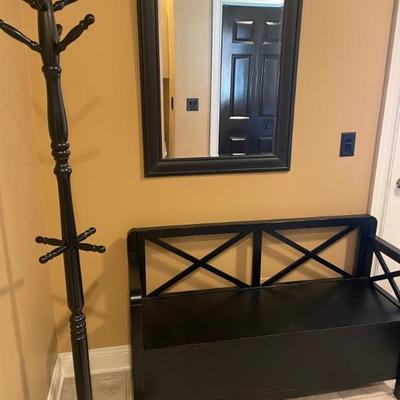 Mudroom accessories: coat rack, mirror, bench storage