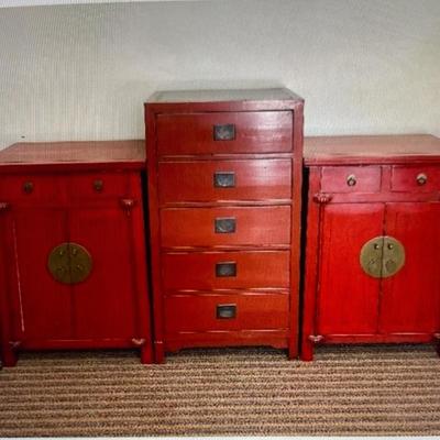 Four Hands Co. Red 2 door cabinet with 2 drawers.  25.5W x 34.5H x 18.5D (only 1 left) and a 5 drawer chest with campaign style handles...