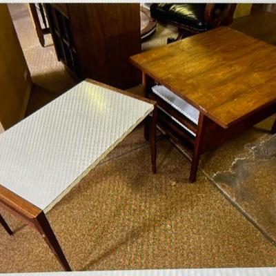 MCM Brown Saltman nesting tables .  3 white laminate topped folding tables nest inside this end table 26.5â€ square x 18.5 H overall...