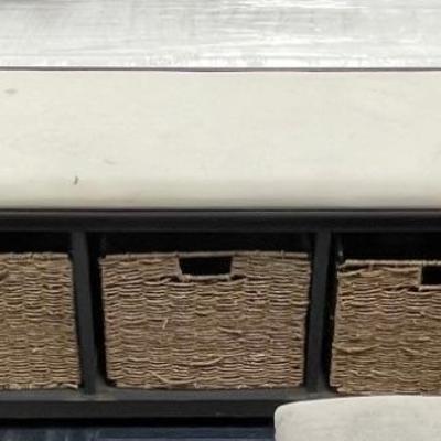 Entryway Benc, grey and cream colored with brown wicker baskets.
47Lx16Dx20H
$125.00