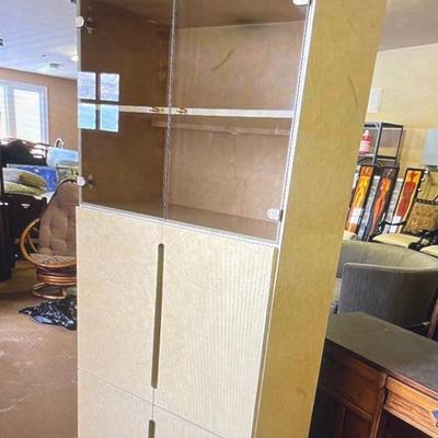 Modern Goatskin Lacquered cabinet, use as a media cabinet, could also be a great bar.  2 upper shelves behind tinted glass with brass...