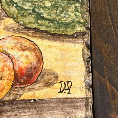 KITCHEN ANTIQUE PAINTED TILES  |  Painted pottery tiles, three individual tiles together forming a still life, signed with initials...
