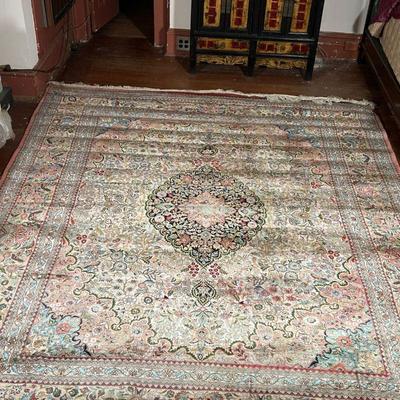 LARGE SILK CARPET  |  Finely woven silk carpet, intricately decorated, with borders of birds, flowers, and leaves and vines - w. 93 in.