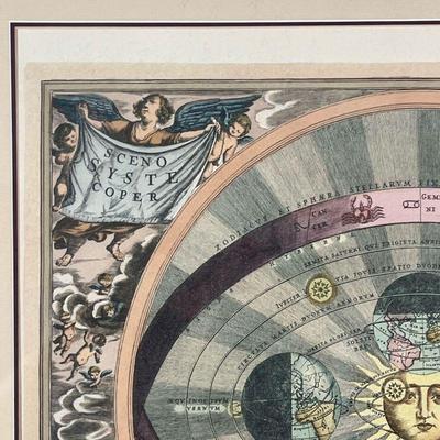 ASTROLOGICAL ENGRAVING  |  "Sceno Syste Coper" colored engraving showing the zodiacs; sight 17 x 20 in. - w. 27-3/4 x h. 25 in....