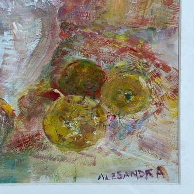 STILL-LIFE PAINTING  |  Flowers and fruit
Mixed media on paper
Signed lower right "Alesandra"
Micely matted and framed
sight 15...