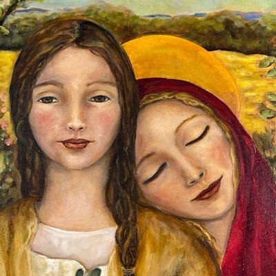 HEIDI GOODYEAR (NEW MEXICO, 20TH C.)  |  Two figures
Oil on canvas
Showing two figures before a field, one styled as the Madonna, signed...