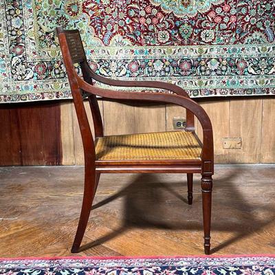 (2pc) PAIR FEDERAL CHAIRS  |  Bentwood arms, with caned and openwork backrest and caned seats, over back splayed legs and tapering front...