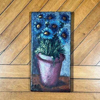 STILL LIFE TILE  |  Pained tile with flowers in a terracotta pot, signed lower left - w. 6 x h. 12.25 in.