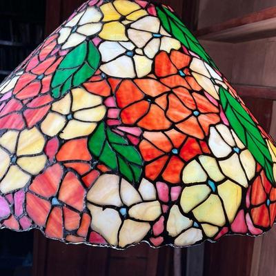 MONUMENTAL STAINED GLASS SHADE  |  Colorfully decorated patterned stained glass hanging shade with yellow, purple, and red/orange flowers...