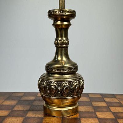 BRASS LAMP  |  20th century brass table lamp, impressed with a pattern of leaves - h. 22 in.