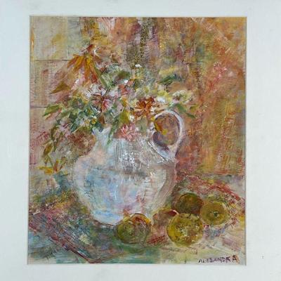 STILL-LIFE PAINTING  |  Flowers and fruit
Mixed media on paper
Signed lower right "Alesandra"
Micely matted and framed
sight 15...