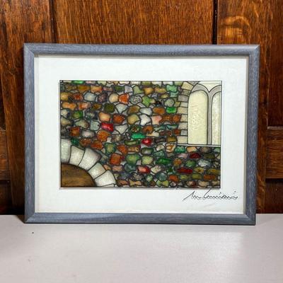 MASSIMO CRUCIANI (Italian, b. 1946)  |  glass painting showing a colorful stone wall with partial view of a window and an archway, signed...