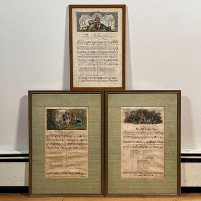 (3pc) ANTIQUE MUSIC SHEETS  |  Two uniformly framed, plates 18 and 16, each with a colored engraving illustration over bars of music with...