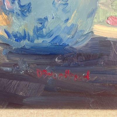 D. BROADHEAD PAINTING  |  Floral still life with fruit
Oil on masonite
Signed lower right
24 x 18 in., panel
w. 33 x h. 27 in. (frame)