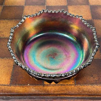 (4pc) ASSORTMENT OF GLASS PIECES  |  An iridescent pitcher, pressed glass iridescent dish, a stained glass vase, and a yellow glass...