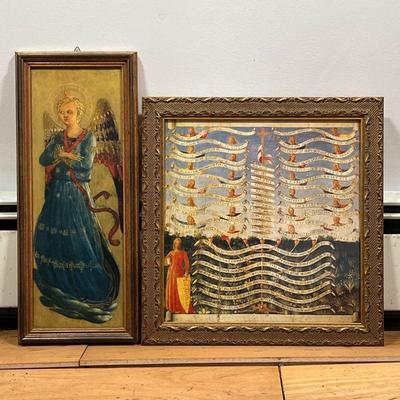 (2pc) MEDIEVAL ART PRINTS  |  Including one showing an angel (16 x 7 in.), and the other showing figures with Latin inscriptions (13-1/4...