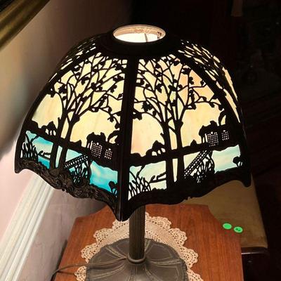 SLAG GLASS TABLE LAMP  |  Formed brass or other metal over a milky blue / white glass shade with a repeating chinoiserie pattern of a...
