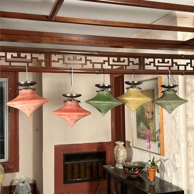 (5pc) VETRI SOFFIATI CX MURANO FIXTURES  |  CXNY designs, Murano glass lighting fixtures, including two green, two red, and one yellow...