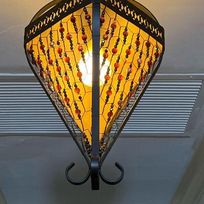 BEADED LIGHTING FIXTURE  |  Ceiling light with a metal frame, having a sheer / gauze fabric behind iridescent faceted beads - w. 8 x h....