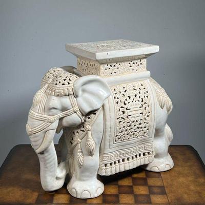 CERAMIC ELEPHANT GARDEN SEAT  |  Chinese reticulated porcelain, the top with bats and Shou character - l. 21 x w. 10 x h. 16.5 in.